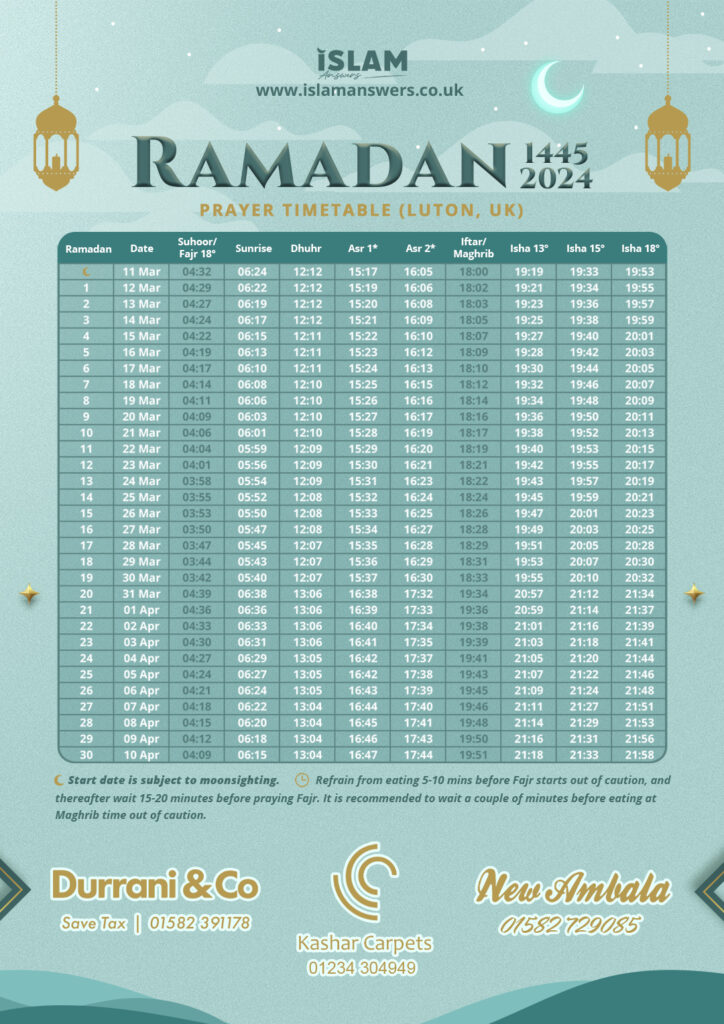 Luton prayer times - Ramadan 2024